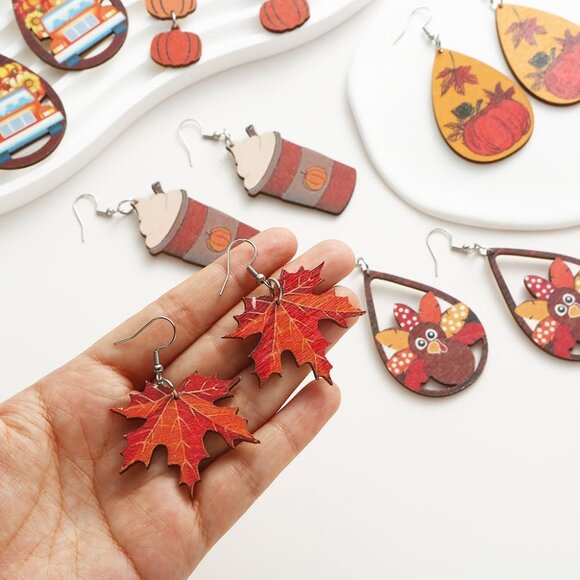 24PCS Thanksgiving Earrings Set Autumn Fall Earrings for Women, Wooden Maple Lea - Picture 4 of 6